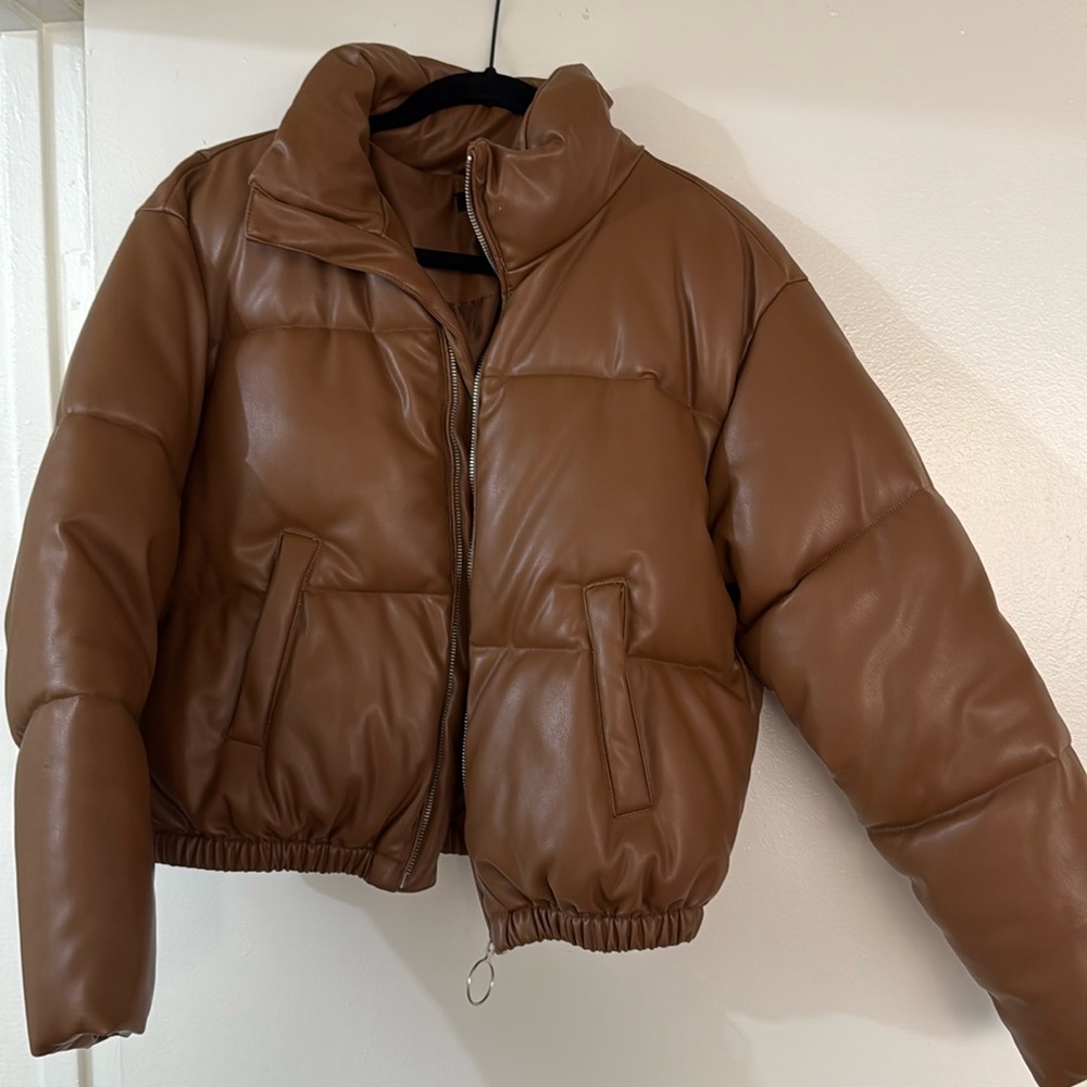 AQUA Brown Faux Leather Puffer Jacket Size Small, Like New
